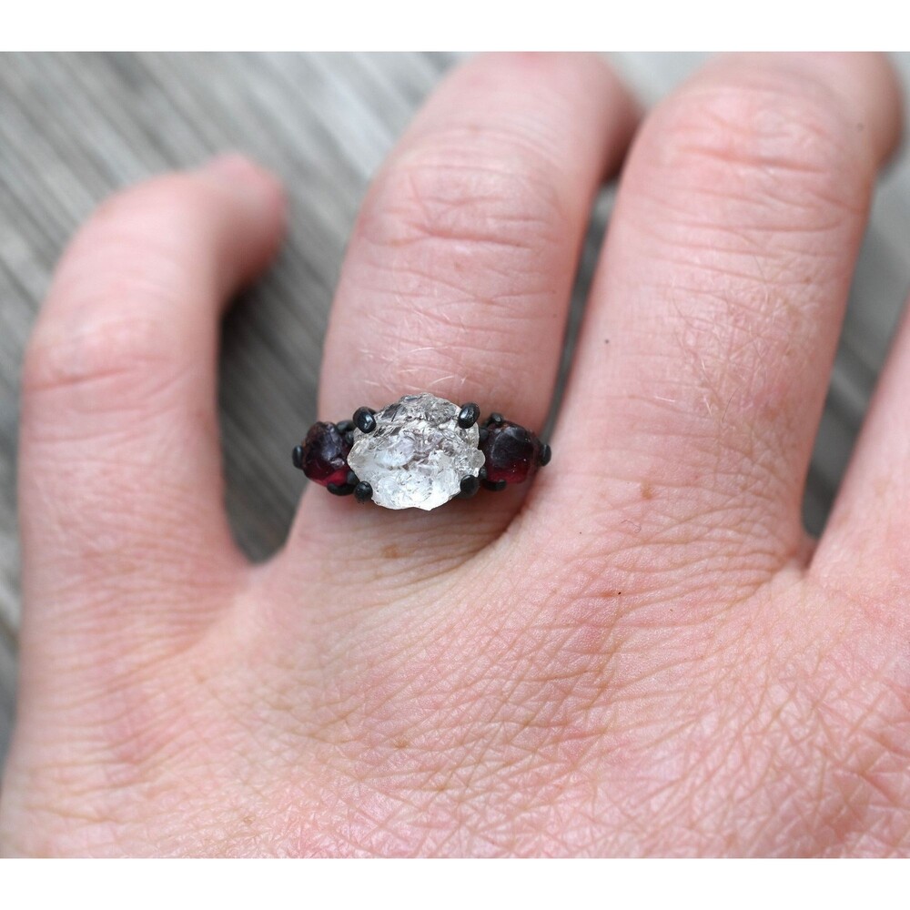 Raw Garnet and Diamond Engagement Ring, Rough Diamond Wedding Band, Unique Sterl
